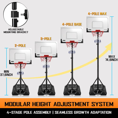 Kids Portable Basketball Hoop, Adjustable Height 38-75in/3.2-6.2FT Tall Toddler Basketball Toy, Fillable Base, Indoor Outdoor Backyard Pool Sport Game Gift for Boy Girl Ages 3 4 5 6 7 8 Years Old
