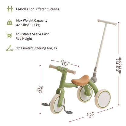 4-in-1 Toddler Tricycle with Adjustable Push Handle for 1-4 Year Old,Birthday Gift and Toy for Boys and Girls Removable Pedals Balance Bike&Scooter (Green)
