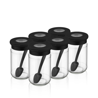 Cev Home Essentials 6-Piece Glass Spice Jar Set with Airtight Lids and Spoons – 380ml (12.8oz) Clear Storage Jars with Transparent Lid Window, Perfect for Storing Spices, Herbs, and Seasonings – Black