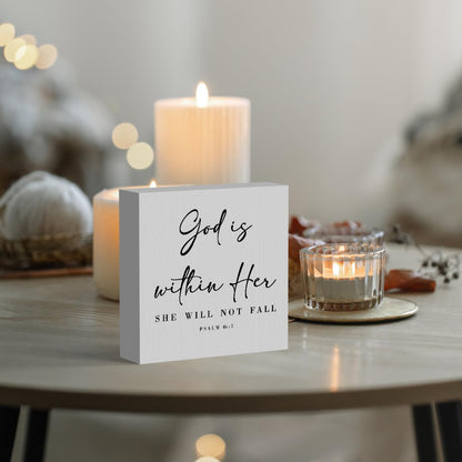 God Is Within Her Bible Verse Artwork Wooden Box Sign Rustic Farmhouse Style Psalm 46:5 Christian Wood Block Plaque 5 X 5 Inches Home Office Desk Sign Decor for Gifts