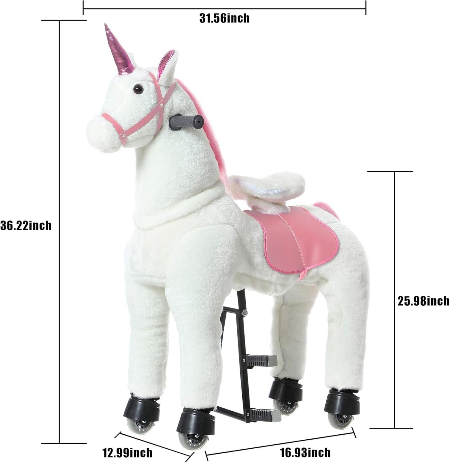 PONYEEHAW Ride on Unicorn Toys, Kids Riding Unicorn Toys Ride on Toys for 6-14 Years Old, Premium Plush Animals Toys Walking Unicorn with Wheels (White and Pink, 31.5" L x 13" W x 36.2" H)