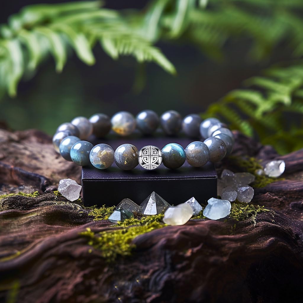 MetJakt Healing Crystals Beaded Bracelets for Womens Natural Gemstone 8mm Beads Stretch Bracelets with 925 Sterling Silver Double Happiness Pendant (Labradorite AAA)