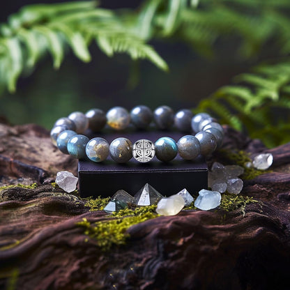 MetJakt Healing Crystals Beaded Bracelets for Womens Natural Gemstone 8mm Beads Stretch Bracelets with 925 Sterling Silver Double Happiness Pendant (Labradorite AAA)