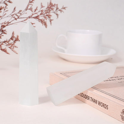 ZHIYUXI 3.7-4" Selenite Crystal Tower Gemstones Gifts Stone 1 Pc Large Crystals Hexagonal Pointed Crystal Wand Reiki Energy Balancing Meditation Therapy Decoration