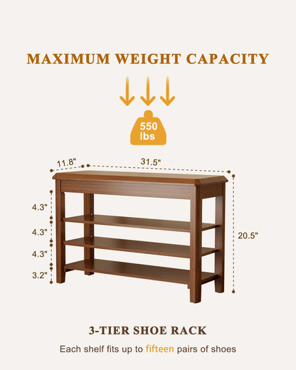 IUNVR Shoe Rack Bench Seat Rubberwood 3-Tier Wooden Storage Bench 550lbs Compact Mid-Century Modern Design for Entryway, Hallway, Closet, Front Door Entrance, Foyer