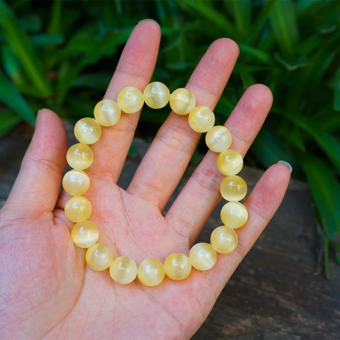 Natural Selenite Crystal Bracelet 10mm | Yellow Plated | Authentic Stone with Leather Pouch, Gift Box & Repair Kit | Fits 7-7.5 inch Wrist