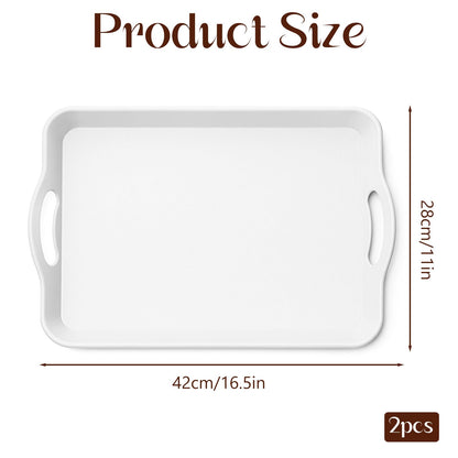 Set of 2 Large White Melamine Serving Tray with Handles, Rectangular Outdoor Dinner Tray Plastic Fruit Serving Platters Trays for Eating, Appetizer, Charcuterie, Snack, Fruit, Desserts, Food Parties