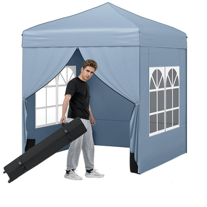 Tangkula 6.5x6.5 FT Pop Up Canopy, UPF50+ Outdoor Canopy Tent with 2 Removable Sidewalls, 2 Zippered Doors, Heavy-Duty Carbon Steel Frame, Wheeled Bag, 4 Sandbags, 8 Stakes, 4 Wind Ropes (Gray)
