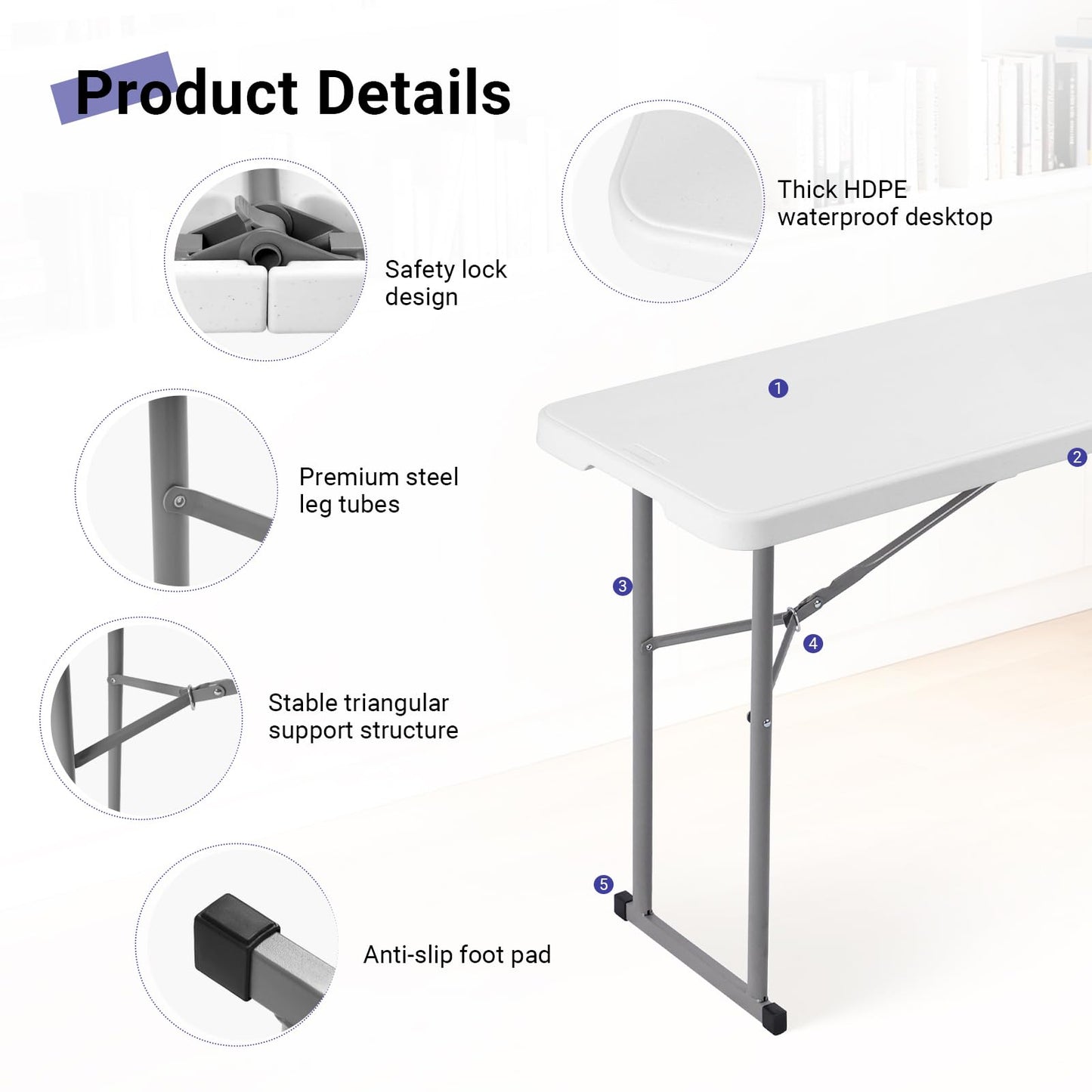 Byliable Folding Table 6FT Narrow Portable Foldable Plastic Heavy Duty Long Table, Fold-in-Half with Carrying Handle for Indoor Outdoor Meeting, Buffet, Party, Wedding, Home Work, 6 Foot, White