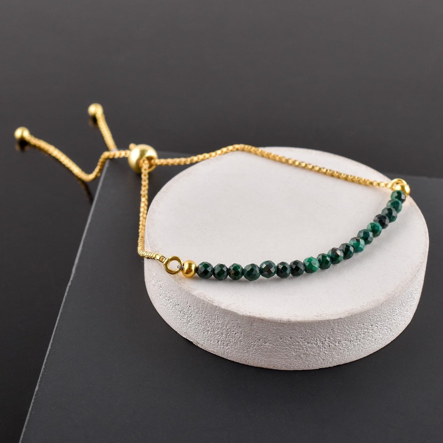 QNAVIC Natural Green Malachite Gemstone Micro Beaded Dainty Slider Bolo Bracelet, Handmade Jewelry for women, Healing Chakra Crystals Birthstone Gift for Her, 14K Gold Plated Chain 6-9 inch