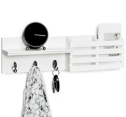 Greenco Entryway Wall Mounted Floating Shelf Letter Holder with Hooks, Hat and Coat Wooden Hanging Storage Shelf, 24” – White