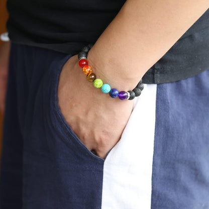 HEDQFM 2pcs 10mm 8mm Lava Rock 7 Chakra Bracelet Aromatherapy Essential Oil Diffuser Bracelets Couples Yoga Beads Bracelet Lava Stone Stretch Bracelet for Men Women