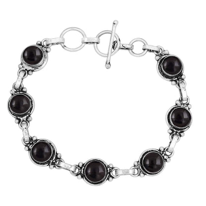 Natural Black Onyx 925 Silver Plated Adjustable Bracelet for Women - July Birthstone Round Gemstone Handmade Bohemian Link Bracelet - Wedding Christmas Valentine Day Gifts for Her