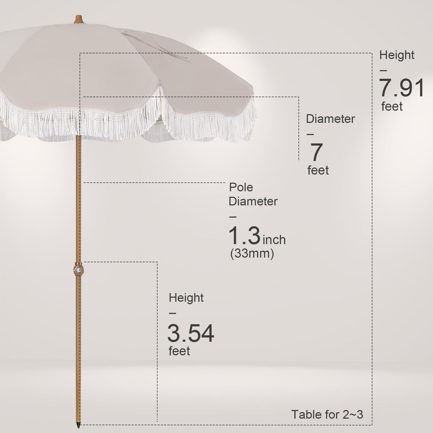 Tempera 7ft Outdoor Patio Umbrella with Carry Bag, Beach Umbrella with Fringe | Vintage Tassel Umbrella with Prime Steel Pole and Ribs Push Button Tilt, Ideal for Garden Lawn Poolside, UPF50+, Beige