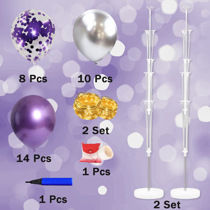 Cicicooie 2 Set Floor Balloon Stand Kit with String Light Balloon Holder Centerpieces Floor Decoration for Birthday Party Bachelorette Party (Purple&Silver)