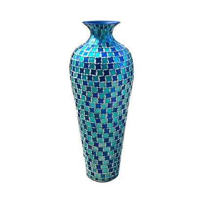 DecorShore Mosaic 20 Inch Decorative Tall Floor Vase, for Home Decor Geometric Pattern Metal Vase with Glass Mosaic- Blue and Turquoise Tessellation Pattern
