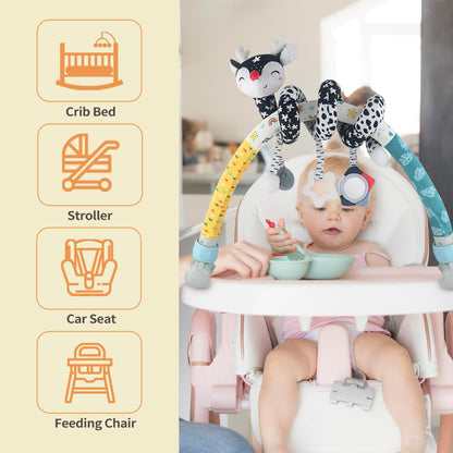 Caterbee Baby Bjorn Bounce Arch Toy bar, Black and White with Stretch & Spiral Hanging Activity Set, Adjustable Clamp for Strollers, Cribs & Car Seats, Includes Rattles, Squeaker & Teether (01)
