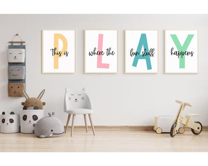 Baccone Kids Playroom Wall Art Playroom Wall Decor Kids Play Canvas Wall Art Play Sign Pictures Toddler Playroom Art Prints Nursery Children Artwork for Room Bedroom Set of 4 8x10 Inch Unframed