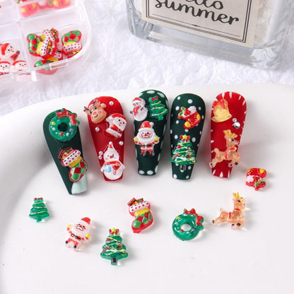 18Girds/2Boxes Christmas Nail Charms Colorful Mini Snowman Xmas Tree Nail Art Charms Reindeer Bell Nail Rhinestones 3D Resin Red Bow Heart Nail Diamond Green Half Round Beads Nail Gems for Women DIY