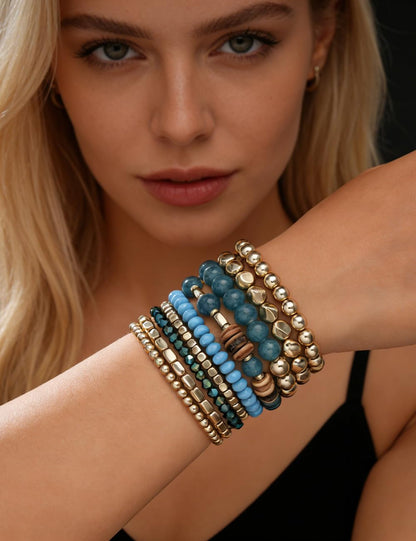 iF YOU 12 Pcs Boho Beaded Bracelets for Women, Brown Orange Bohemian Stackable Gold Bead Stretch Bracelets Stack Jewelry Gift (Blue beaded bracelets)
