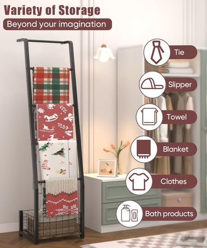 Ansionsol 6.3ft Blanket Ladder with Storage Basket, 5 Tier Decorative Ladder Shelf Stand for Living Room & Bedroom, Wall-Leaning Blanket Holder Quilt Rack for Home Décor, Rustic Brown & Black