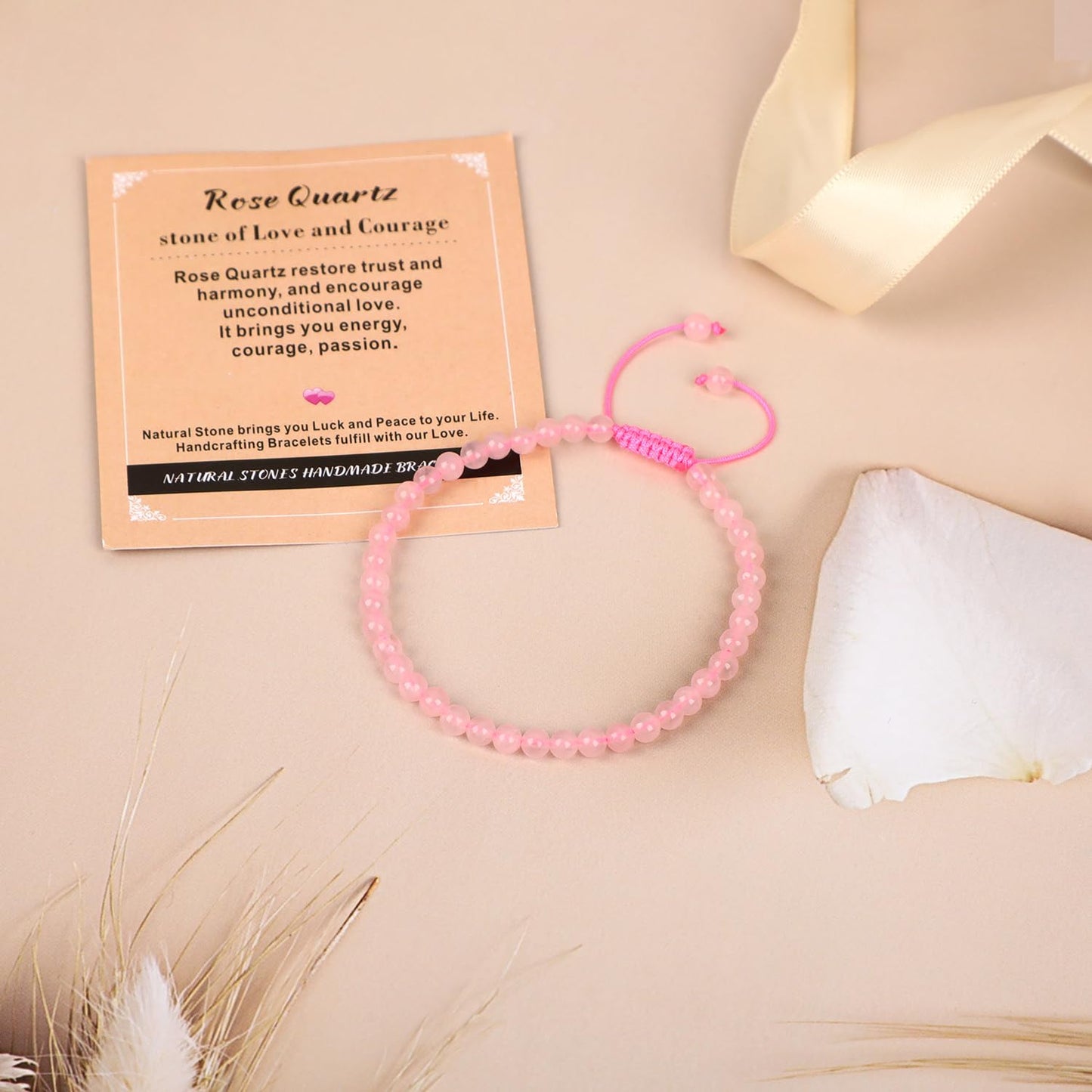 AD Beads 4mm Rose Quartz Bracelet - Stone of stone of Love and Courage - Handmade Natural Stone Crystal Bracelet with Adjustable Macrame String - Yoga Healing Power Energy Gifts for Men and Women