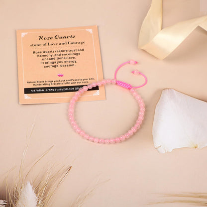 AD Beads 4mm Rose Quartz Bracelet - Stone of stone of Love and Courage - Handmade Natural Stone Crystal Bracelet with Adjustable Macrame String - Yoga Healing Power Energy Gifts for Men and Women