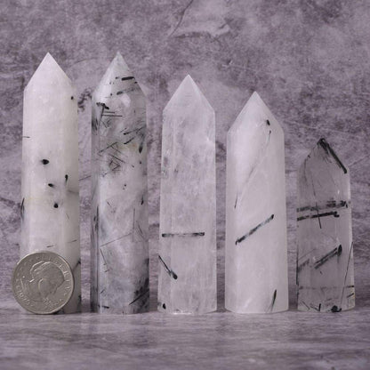 Angelstones Natural Black Rutilated Quartz Gemstone Healing Crystal Hexagonal Pointed Reiki Chakra Faceted Prism Wand Carved Stone Figurine Home Decor
