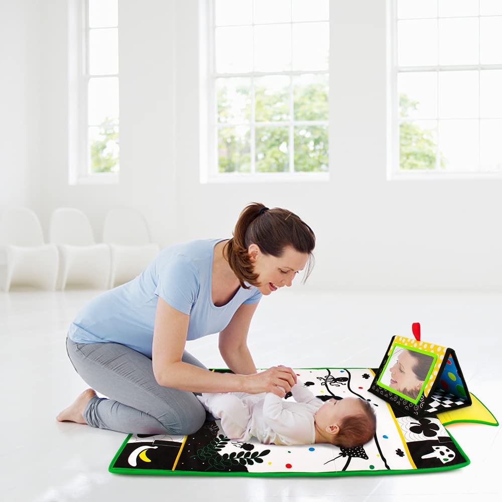 Inbeby Tummy Time Mirror & Play Mat & Pillow 3-in-1, High Contrast Black and White Baby Toys, Activity Mat for Early Education, Newborn Infant Tummy Time Toy Set for 0 3 6 12 Month Crinkle/Squeake