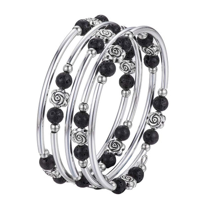 BULINLIN Wrap Bangle Rose Bead Bracelet - Beaded Bracelet with Natural Agate Stone Gifts For Women(01-Lava black)
