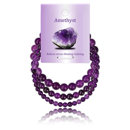 Bolinailo 3Pcs Natural Healing Crystal Bracelets for Women Men, 4mm 6mm 8mm Beaded Stretch Bracelet Set, Amethyst Natural Stone Gemstone Jewelry Gifts for Meditation, Reiki & Yoga