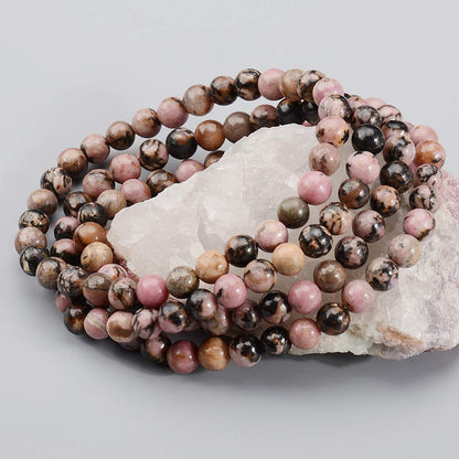 MASSIVE BEADS Pink Black Rhodonite - Stone of Fortune - Handmade Yoga Stretch Elastic Bracelet Natural Stone Crystal Healing Power Energy Gifts for Unisex Adult 6mm