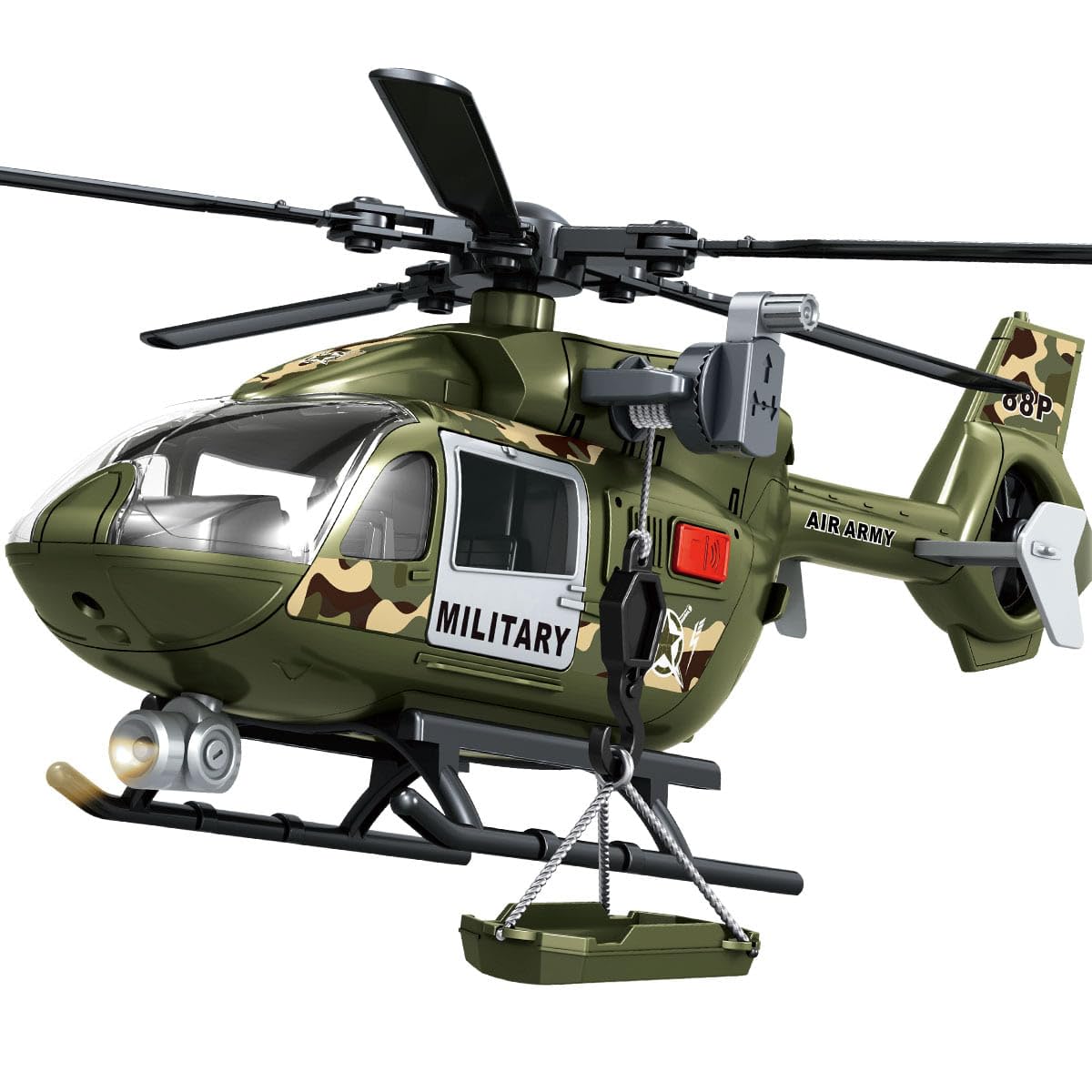 GreenToys Helicopter 15-in Military Airplane Toys for Kids with Hanging Basket Sounds and Lights for Boys Ages 3 4 5 6 7