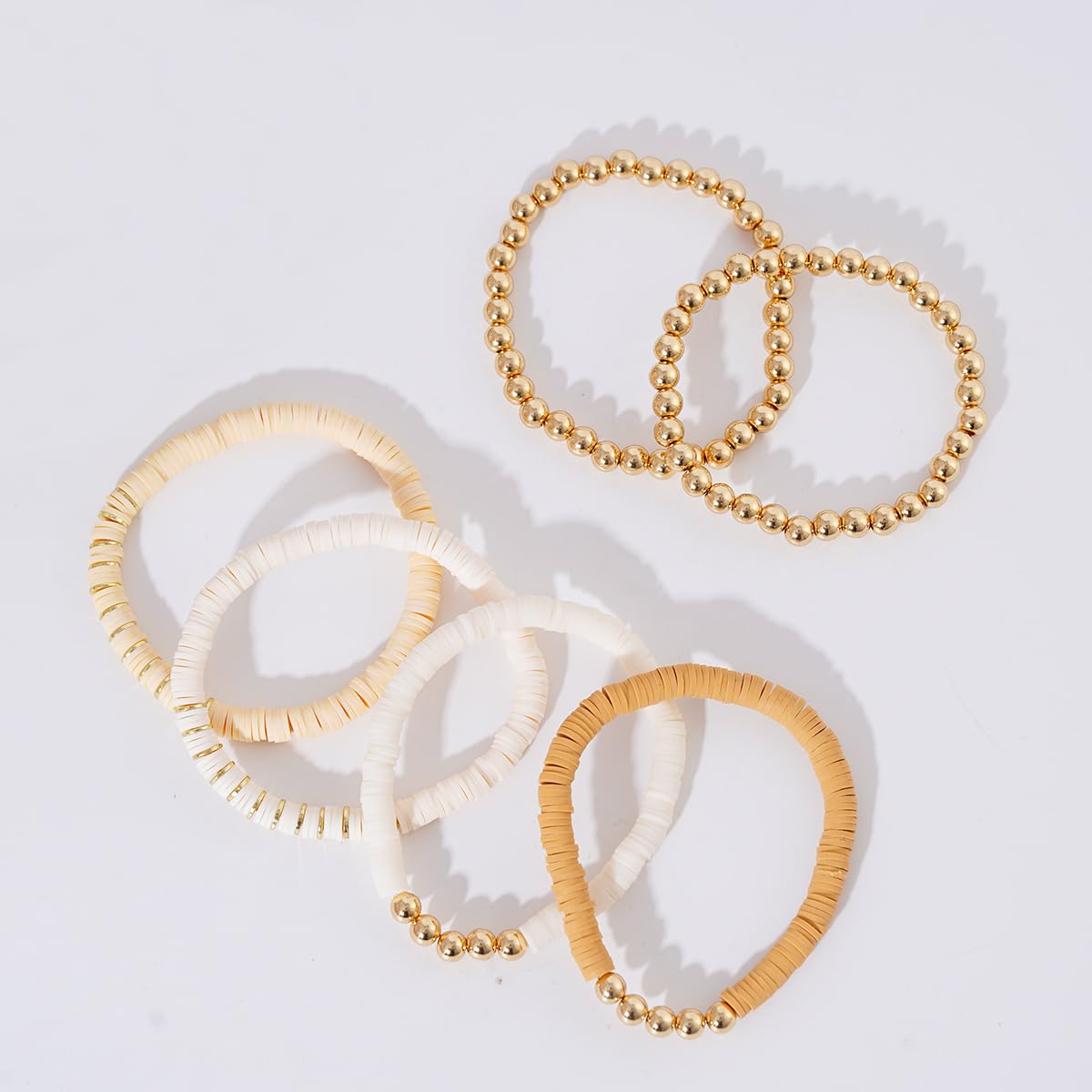 GOOJIDS Surfer Heishi Clay Bead Bracelets for Women Bohemian Stackable Gold Plated Beaded Stretch Bracelets Elastic Layering Friendship Bracelets Set Boho Jewelry