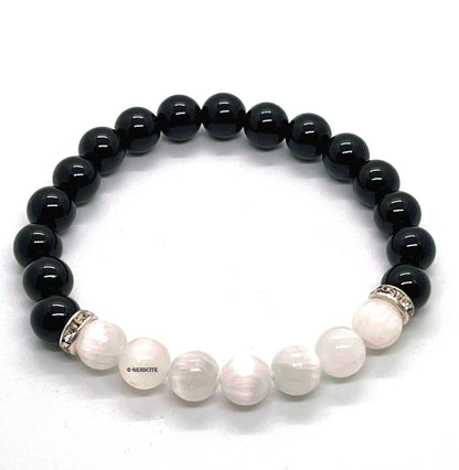 GEMSCITE Natural Black Obsidian and Selenite Crystal Bracelet for Chakra Healing & Energy Balancing