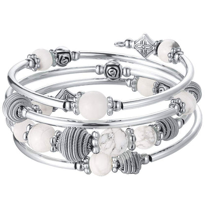 PEARL&CLUB Beaded Chakra Bangle Turquoise Bracelet - Fashion Jewelry Wrap Bracelet with Thick Silver Metal and Mala Beads, Birthday Gifts For Women(Howlite)