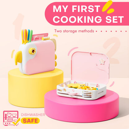 Toddler Girl Cooking Set with Storage Box-Girls Pink Kitchen Set,Safe PP Material Baby Girl Montessori Kitchen Tools for Real Cooking,Dishwasher Safe,Fun Bird-Shaped Little Chef Set