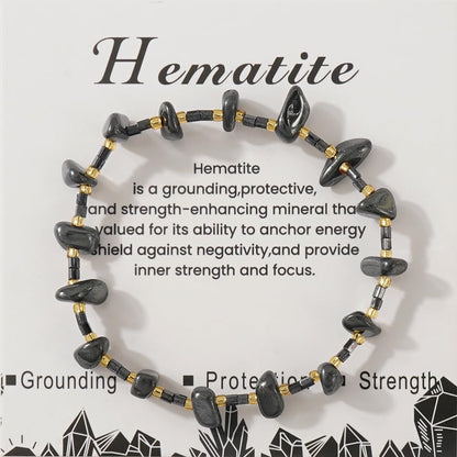 SHINUS BOHO Healing Natural Crystal Beaded Stretch Bracelet for Women,Handmade Boho Irregular Hematite Energy Stones Grounding Protection Strength Bracelet Summer Beach Fashion Jewelry Gift Friendship