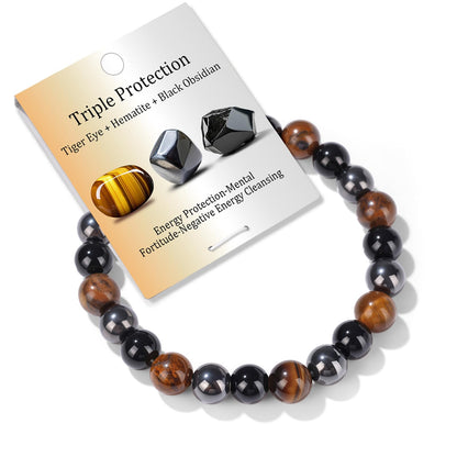 Bolinailo Healing Crystal Triple Protection Bracelet 8mm Crystal Beaded Bracelet for Women Men Natural Stones of Tiger Eye, Hematite, Black Obsidian Handmade Gemstone Reiki Spiritual Jewelry Gifts