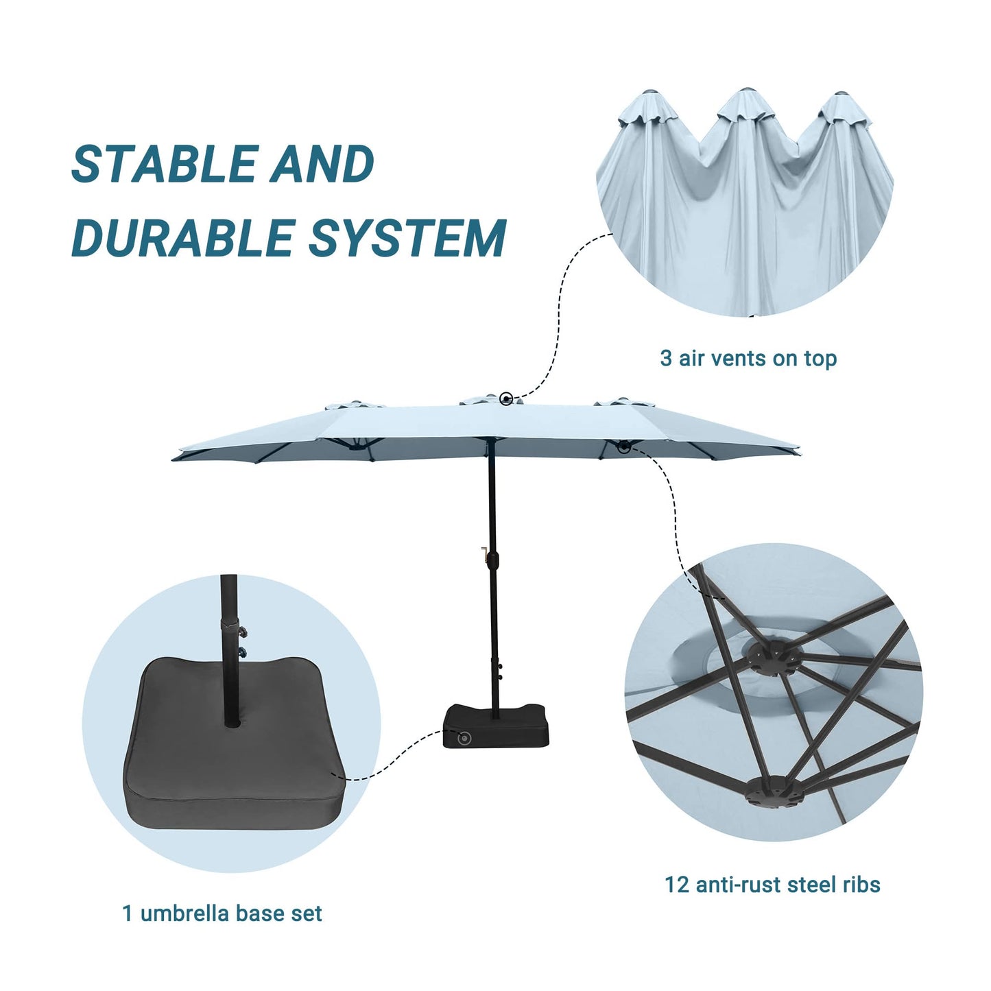 Bigroof 15ft Patio Umbrella with Base, Large Outdoor Double-Sided Market Umbrella with Terylene Polyester Fabric and Crank for Poolside Garden Deck Backyard Beach Pools, Light Blue