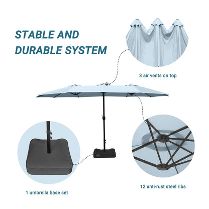 Bigroof 15ft Patio Umbrella with Base, Large Outdoor Double-Sided Market Umbrella with Terylene Polyester Fabric and Crank for Poolside Garden Deck Backyard Beach Pools, Light Blue
