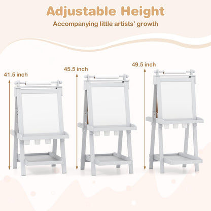 OLAKIDS Easel for Kids, 3 in 1 Adjustable Painting Art Board, Foldable Double-Sided Wooden Drawing Chalkboard Magnetic Whiteboard with Paper Roll, Storage Rack, Cups for Boy Girls (Gray)