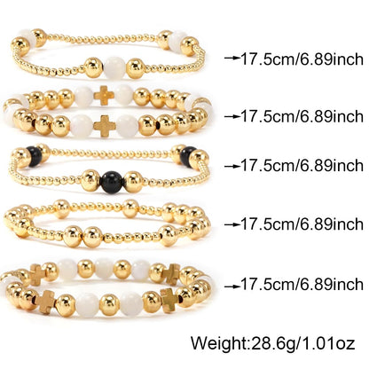 Bohxantium Gold Cross Beaded Bracelets for Women Handmade Boho Stretch Stackable 14K Gold Plated Glass Round Beads Ball Bracelet Stack Non Tarnish Trendy Jewelry Set Accessories Christian Gift