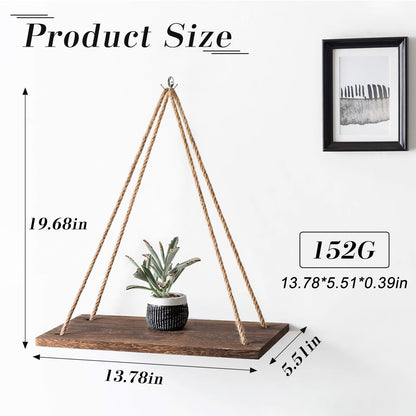 FuninCrea Hanging Shelves for Wall, 13.7×5.5 Inch Rustic Wood Floating Shelves with Swing Rope, Decorative Hanging Wall Shelf Photo Plant Display Shelf for Living Room Bedroom (Dark Brown)