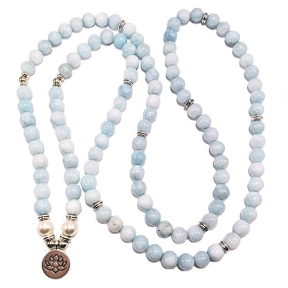 108 Bead Aquamarine Japa Mala Necklace – Handmade Yoga Jewelry with Lotus Charm – 8mm Natural Gemstones for Meditation, Chakra Bracelet, Reiki & Spiritual Balance – Stretchy Unisex Design