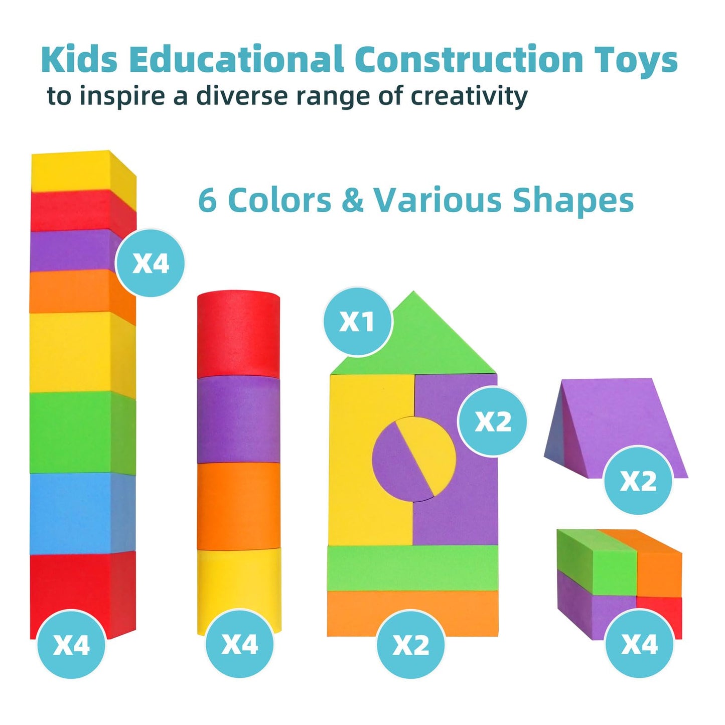 Pleykele Suitable Size Foam Building Blocks for Toddlers 18M+, Big Soft Stacking Blocks Toys, Baby Bath Toys, Sensory & Early Development Toys for Kids 1.5 Years Up (Starter Kit)