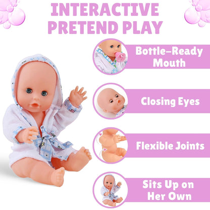 Liberty Imports Baby Bath Toys 13-Inch Little Newborn Doll Bath Set - Real Working Bathtub with Detachable Shower Spray and Accessories for Kids Pretend Play
