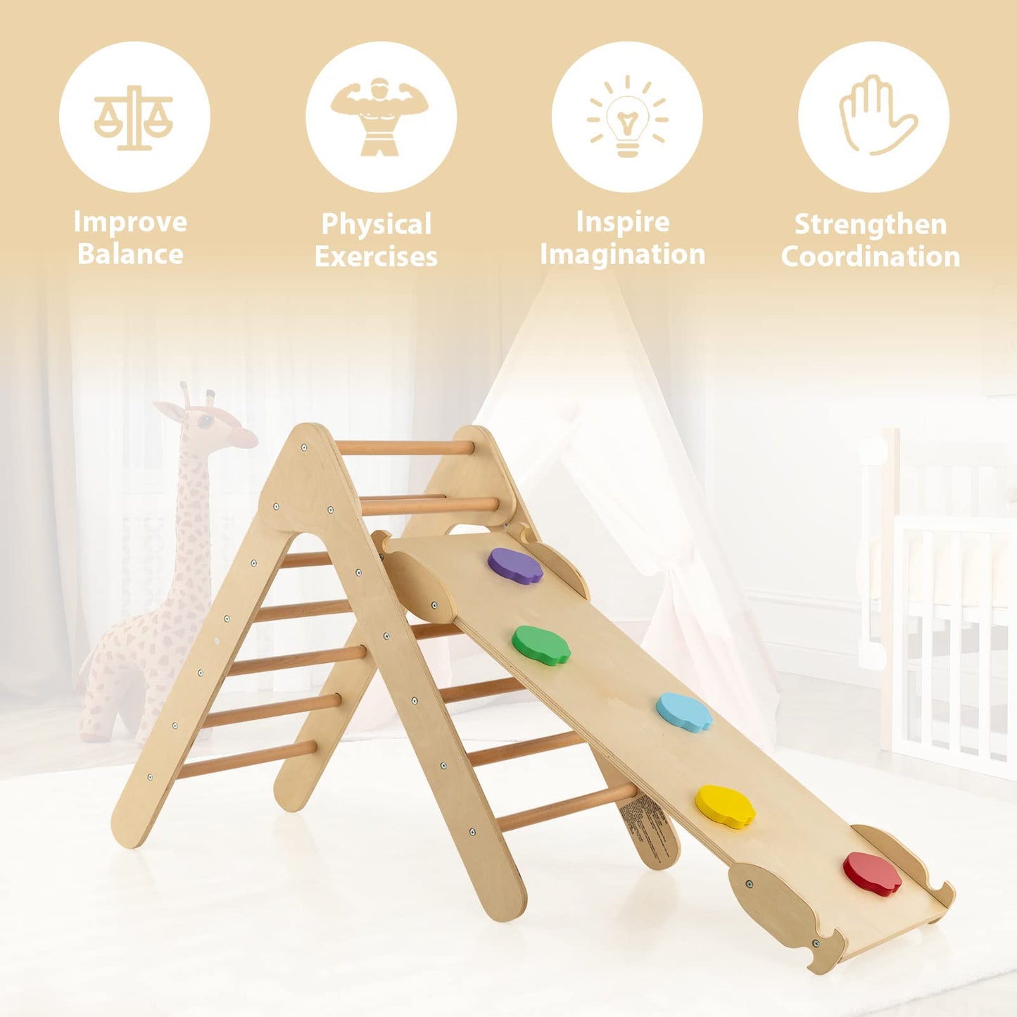 OLAKIDS Pikler Triangle Set 3 in 1 Climbing Toys for Toddlers Wood Montessori Baby Jungle Gym with Ramp Ladder Slide Kids Indoor Playground Activity Play Structure