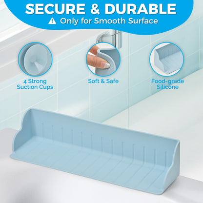 Weeme Bathtub Splash Guard, Silicone Bath Caddy Tray with 4 Suction Cups, Kids Toy Holder and Organizer Shelf for Toddler Tub Accessories (Blue)