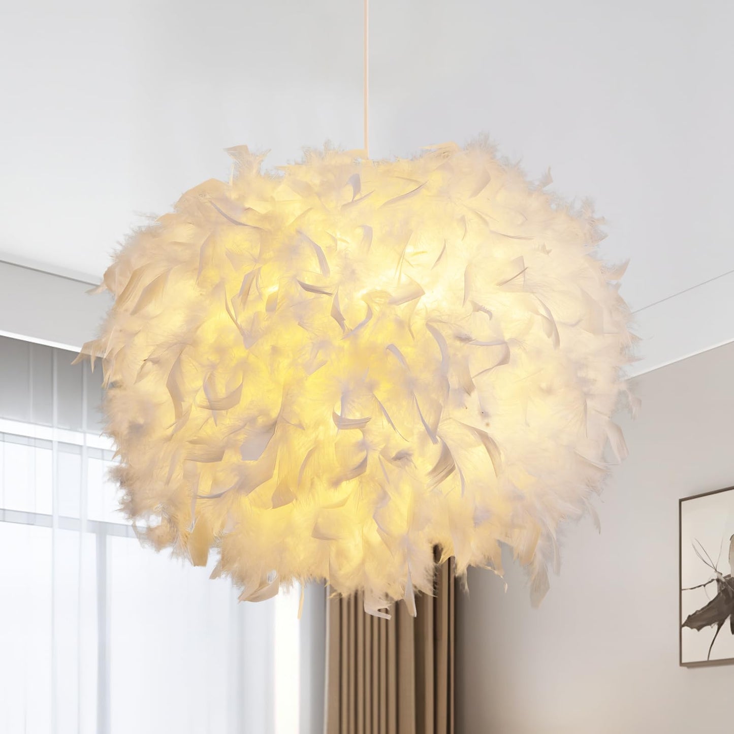 NZV White Feather Light Fixture Bedroom Romantic Feathers Pendant Lights Girls Room Modern Chandelier Mid Century Hanging Ceiling Lighting for Dining Room Kitchen Island Foyer (Diameter 11.8in)